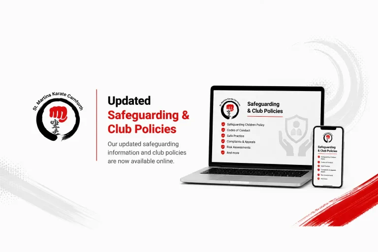 Graphic announcing updated safeguarding information and club policies for St Martins Karate Carnforth